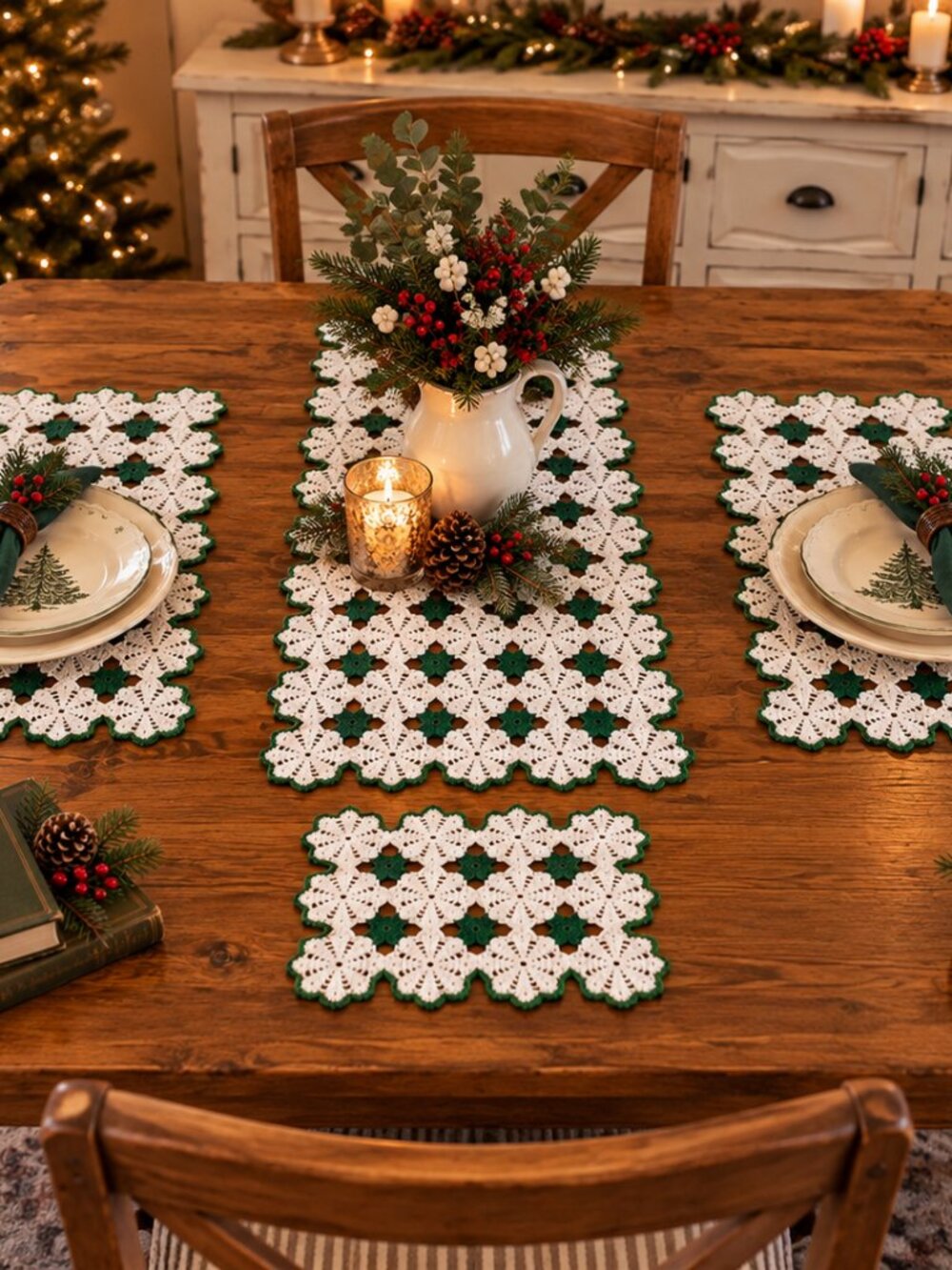 Vintage Hand Crocheted Doily Set of 4 Green & White Cotton Farmhouse*